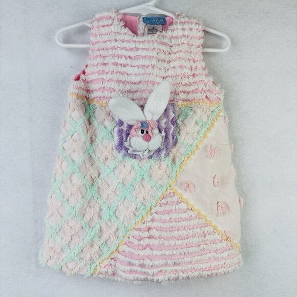 Chenille Girl 2T Bunny Rabbit A Line Dress Easter 3D Pink Sleeveless Fuzzy - Picture 1 of 3